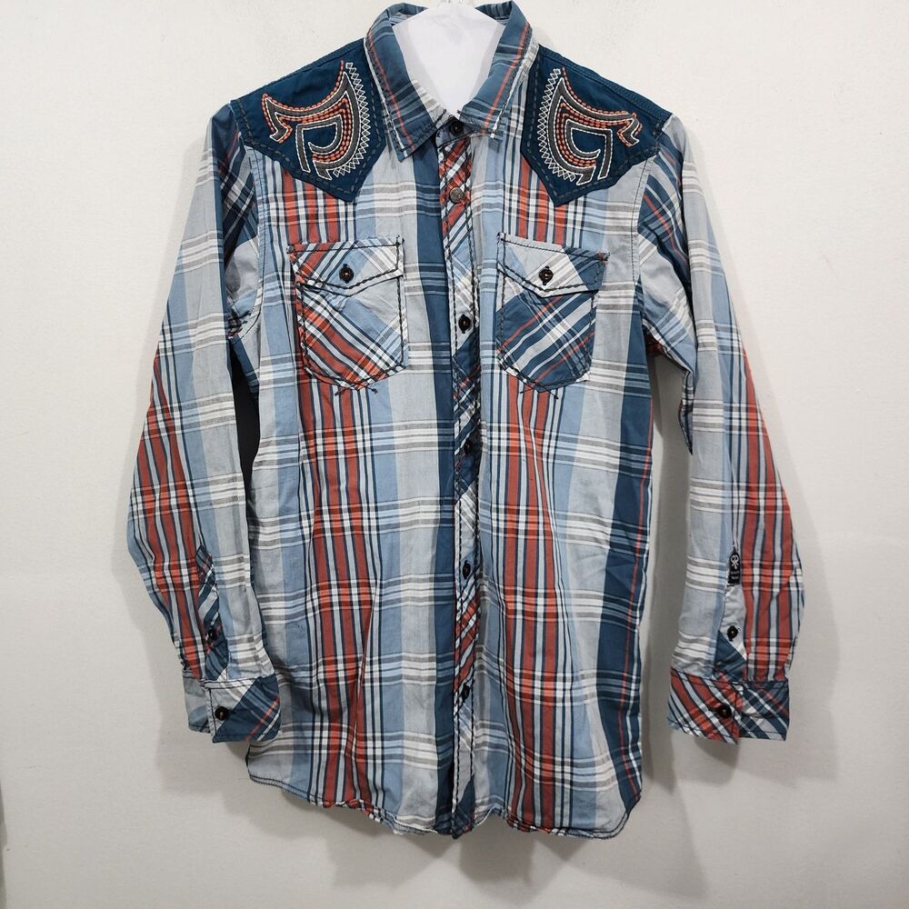Roar Signature Fanatic Plaid Embroidered Button-front Shirt Blue Youth L 14/16